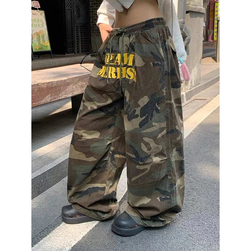 Men's Army Green Baggy Camouflage Pants Oversize Cargo Pants Harajuku Aesthetic 2000s Style Vintage Wide Leg Trousers Autumn