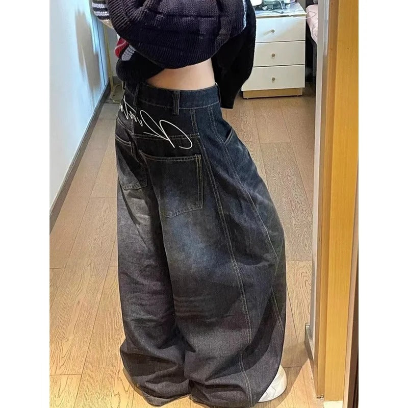 Black Womens Jeans High Waist Vintage Design Hip Hop Straight Baggy Denim Pants Street American Style Wide Leg Denim Trouser