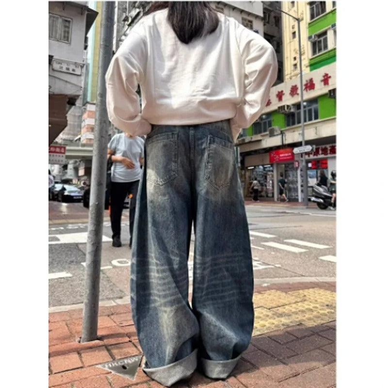 Women's Blue Oversize Jeans Harajuku Vintage Wide Leg Denim Trousers American Retro 2000s Style Boyfriend Jeans Pants Autumn
