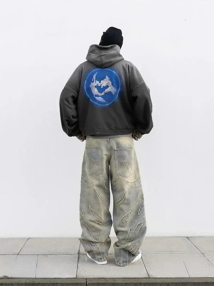 2026 American New Fashion Patch Baggy Casual Jeans For Men And Women High Street Harajuku High Waist Wide Leg Denim Trousers