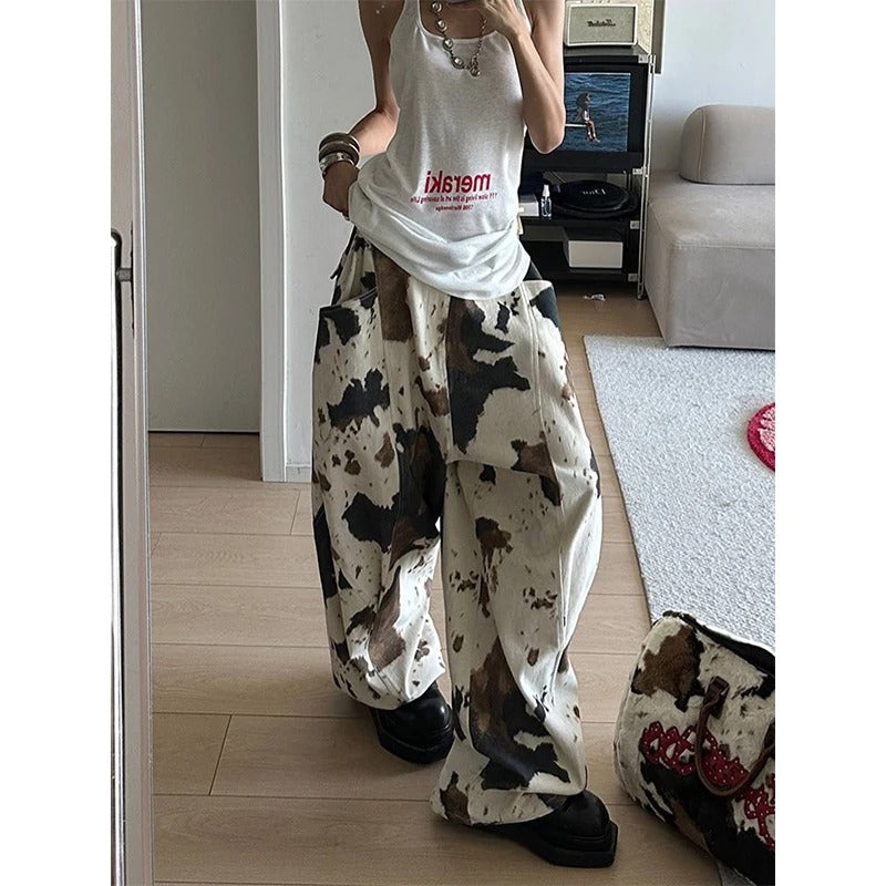 Women's Cow pattern Cargo Pants Harajuku Bent Knife Pants Japanese 2000s Style Vintage Oversize Hip Hop Trousers Clothes