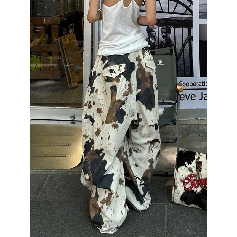 Women's Cow pattern Cargo Pants Harajuku Bent Knife Pants Japanese 2000s Style Vintage Oversize Hip Hop Trousers Clothes