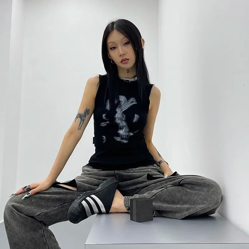 Karrcat Trashy Tank Top Japanese 2000s Black Short Tops Vintage Harajuku Sleeveless Crop Top Cyber Punk Clothes Goth Summer