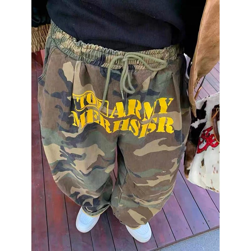 Men's Army Green Baggy Camouflage Pants Oversize Cargo Pants Harajuku Aesthetic 2000s Style Vintage Wide Leg Trousers Autumn