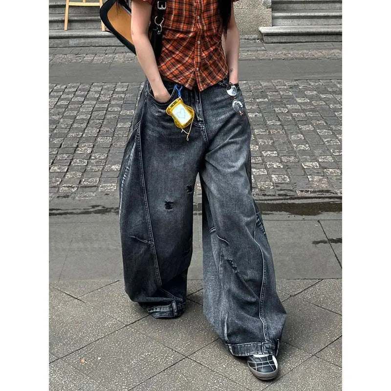 Black Jeans Women Vintage High Waisted Cargo Jeans Straight 2026 Summer Casual Loose Big Size Wide Leg Denim Baggy Pants
