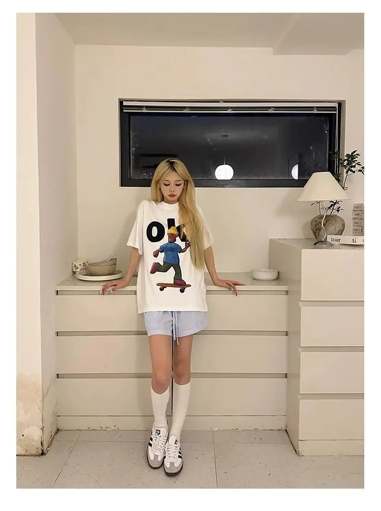 HOUZHOU Striped Shorts for Women Harajuku Blue Baggy Elastic Waist Short Pants Korean Style Casual Fashion Retro Shorts