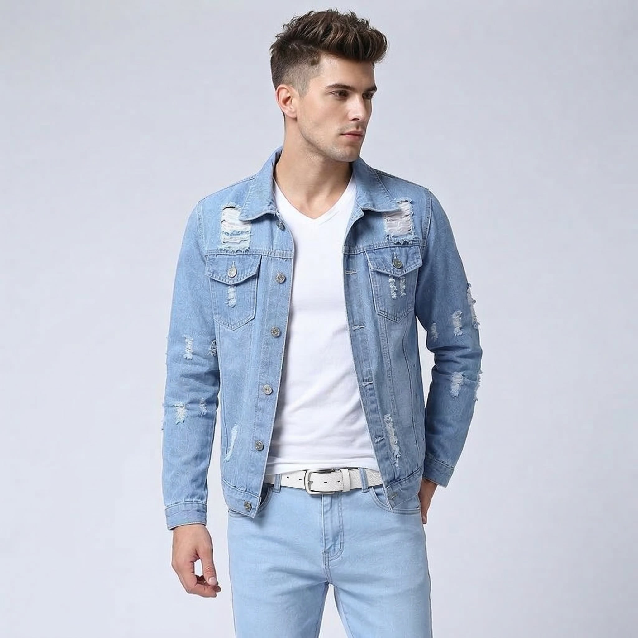 Men's Light Blue Denim Jacket, Ripped Slim Fit Jean Outerwear for Casual Street Style