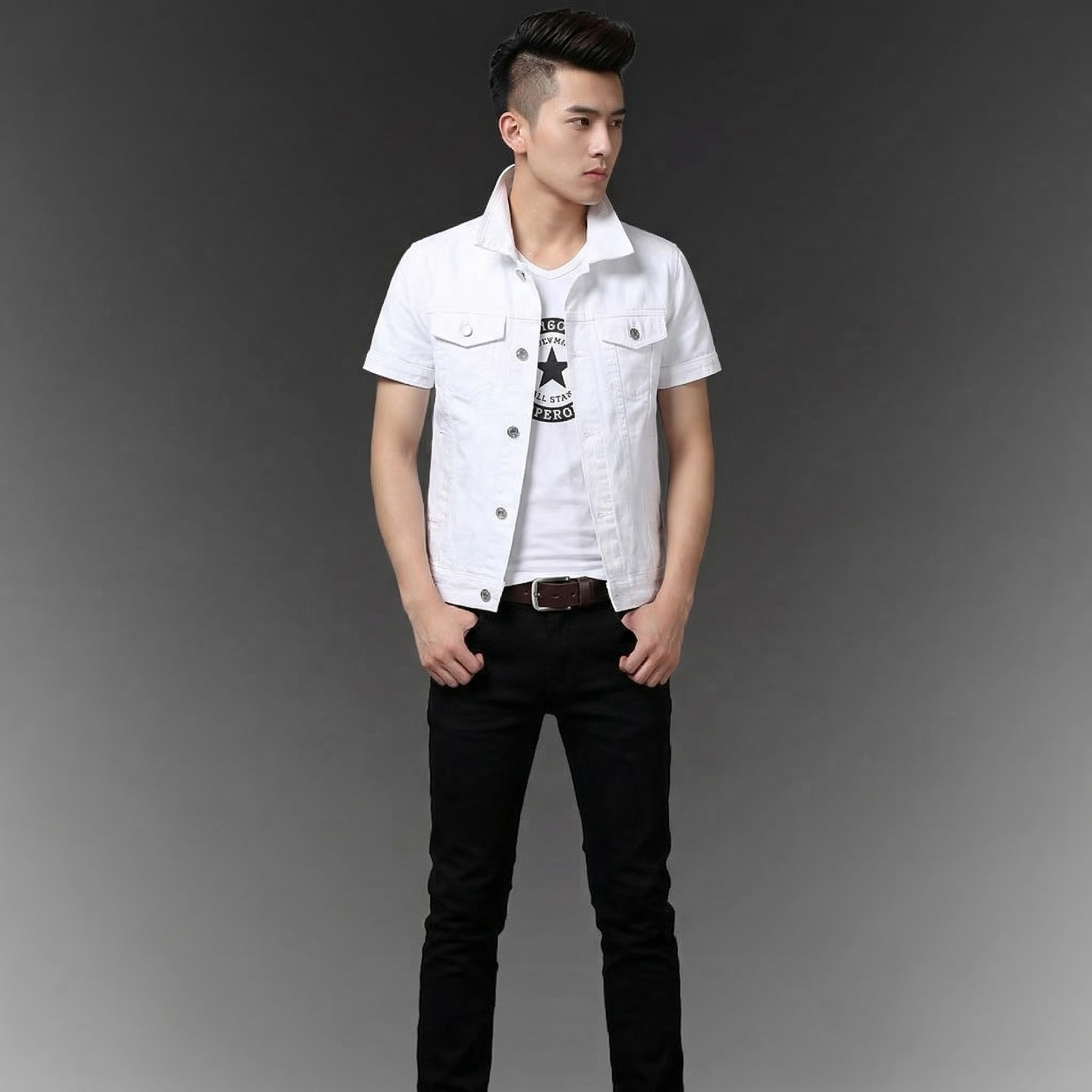 2pcs Set Mens Boys Casual Denim Vest Sleeveless Waistcoat -Jeans Pants Trousers for Summer Autumn Spring Free Send Tshirt Belt