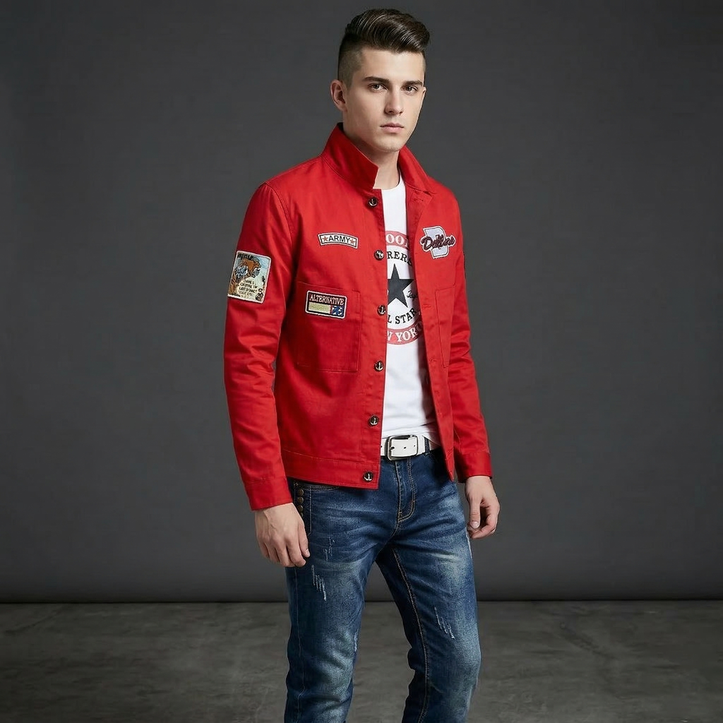 Men's Red Denim Jacket and Blue Jeans Set, Slim Fit Casual Streetwear Outfit with Patch Detail