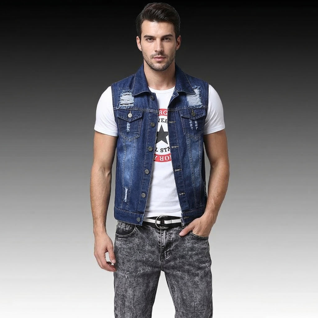 Men’s Slim Fit 3PCS Denim Set – Sleeveless Jacket, T-Shirt & Pencil Pants, Casual Spring Autumn Outfit for Men