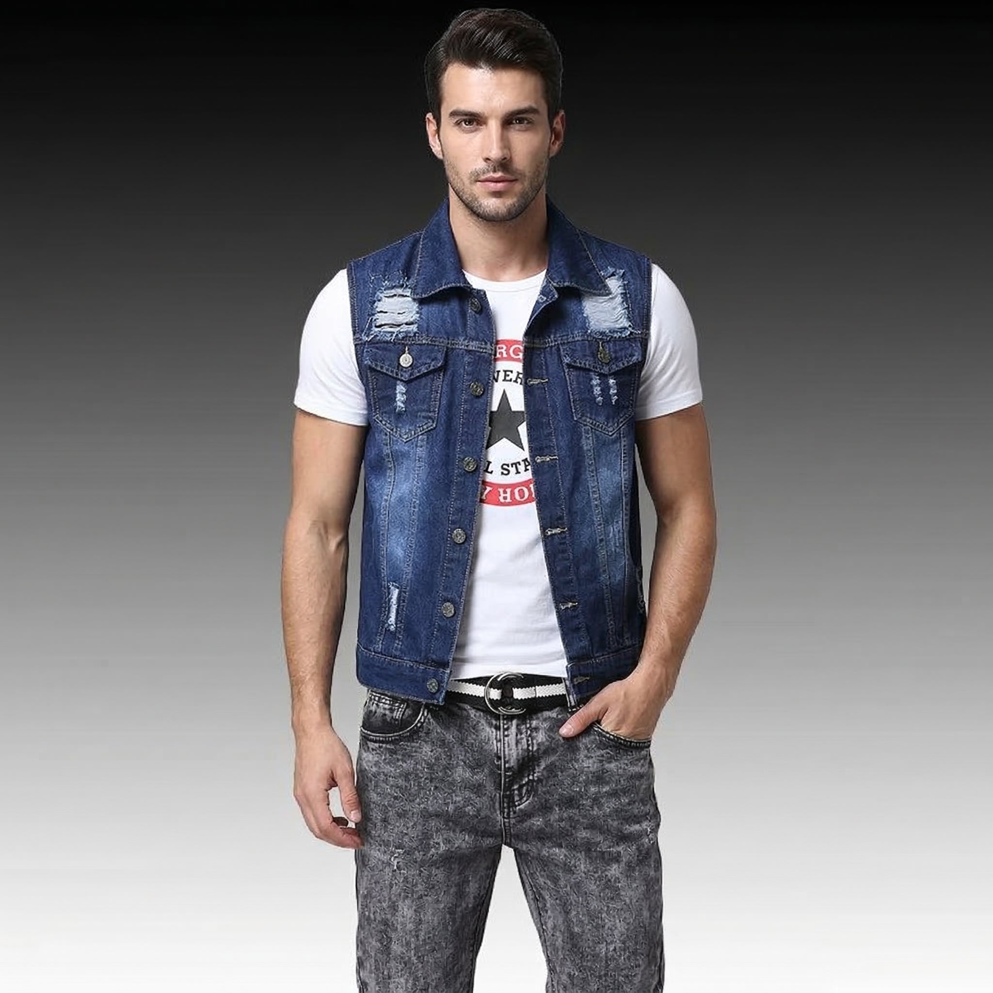 Men’s Slim Fit 3PCS Denim Set – Sleeveless Jacket, T-Shirt & Pencil Pants, Casual Spring Autumn Outfit for Men