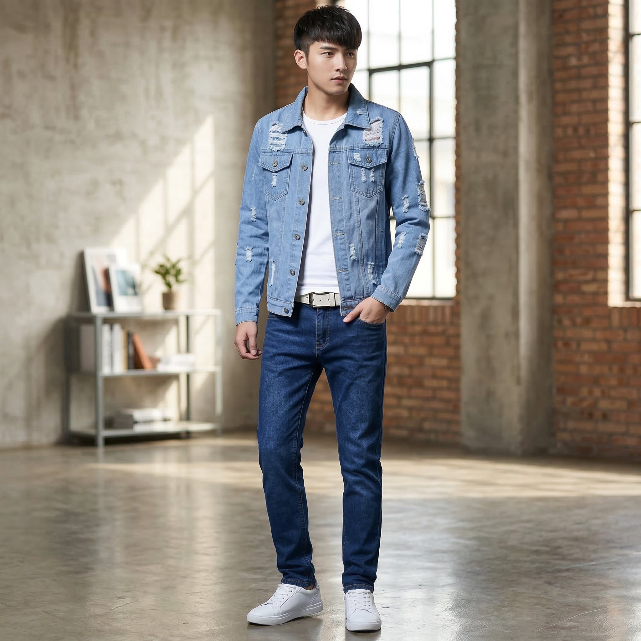 Light Blue Distressed Denim Jacket and Jeans Set for Men, Slim Fit Casual Streetwear Outfit