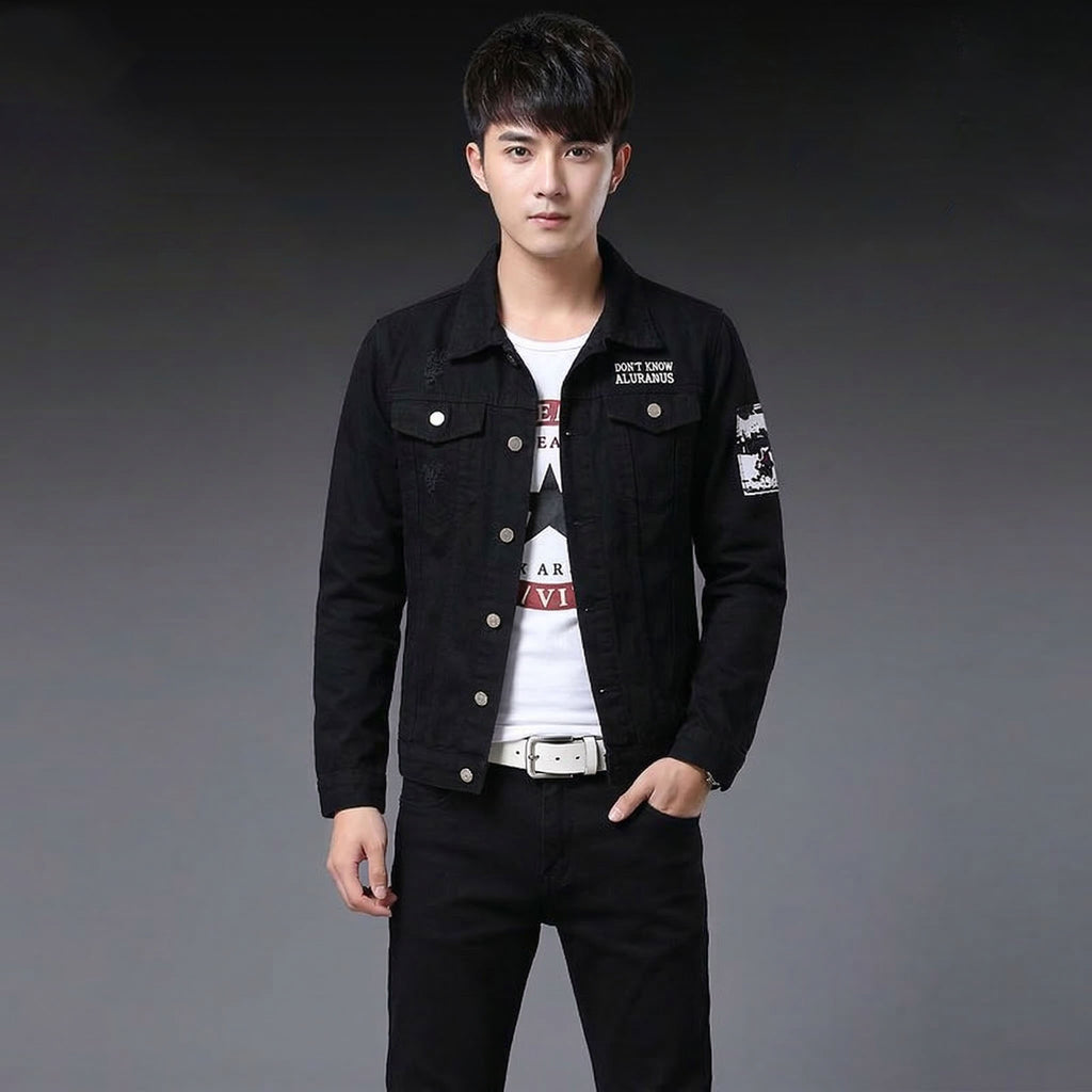 Black Denim Jacket and Jeans Set, Men Slim Fit Outfit, Casual Streetwear Suit for Men