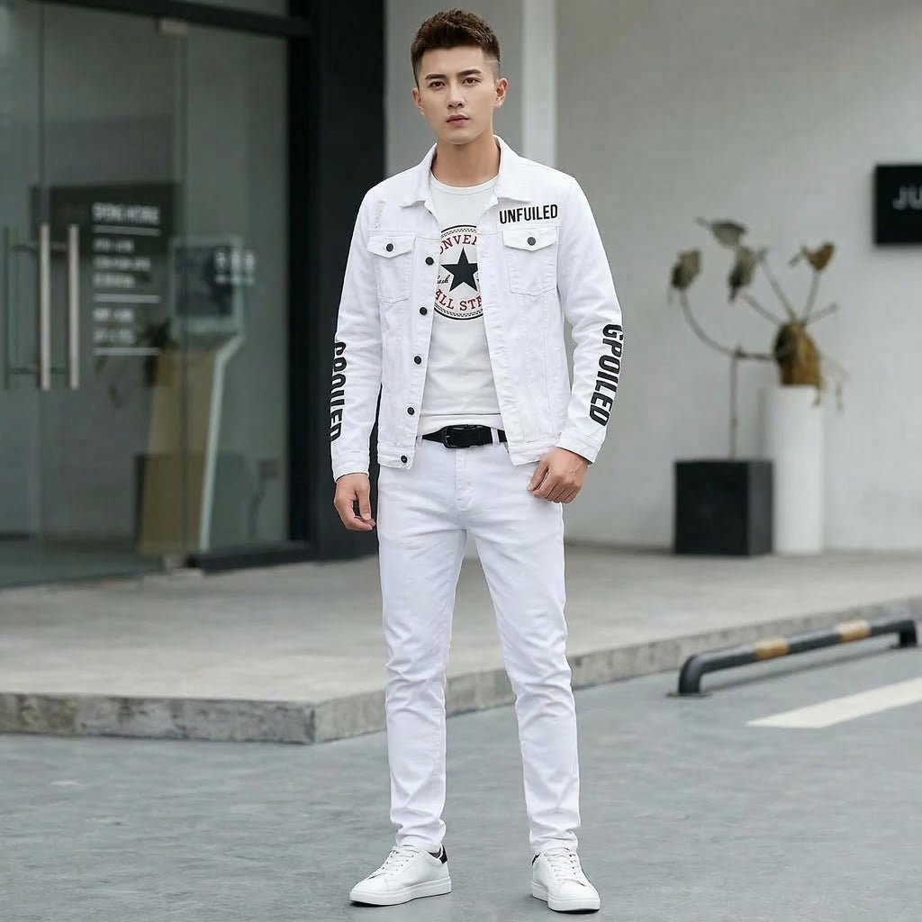 Men Slim Fit White Denim Jacket and Jeans Set, Slim Fit Jeans for Men, Streetwear Casual Suit, Printed Outfit