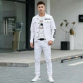 Men Slim Fit White Denim Jacket and Jeans Set, Slim Fit Jeans for Men, Streetwear Casual Suit, Printed Outfit