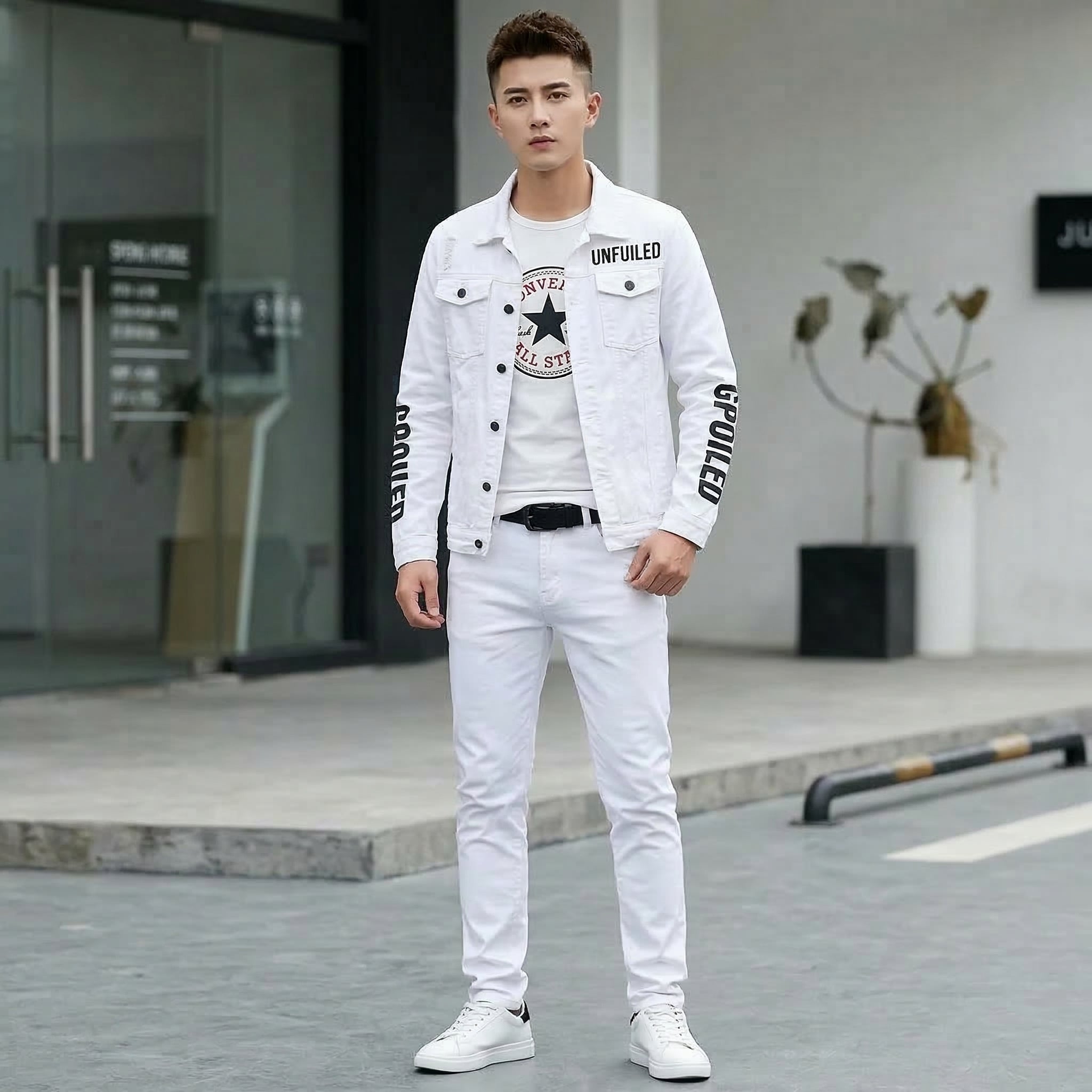 Men Slim Fit White Denim Jacket and Jeans Set, Slim Fit Jeans for Men, Streetwear Casual Suit, Printed Outfit