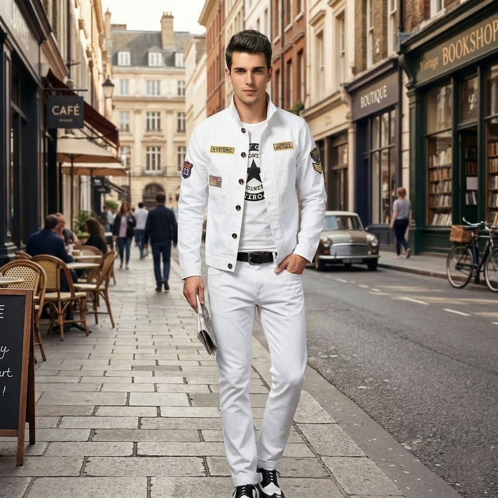 Men's All White Denim Jacket and Jeans Set, Slim Fit Casual Outfit for Men with Military Patch Detail