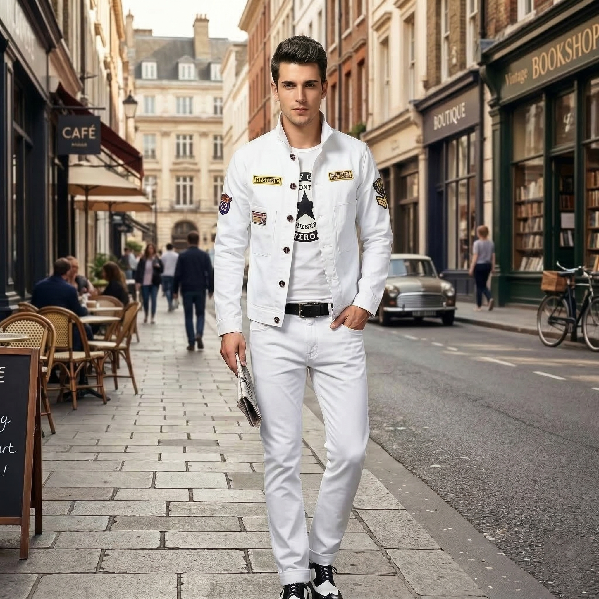 Men's All White Denim Jacket and Jeans Set, Slim Fit Casual Outfit for Men with Military Patch Detail