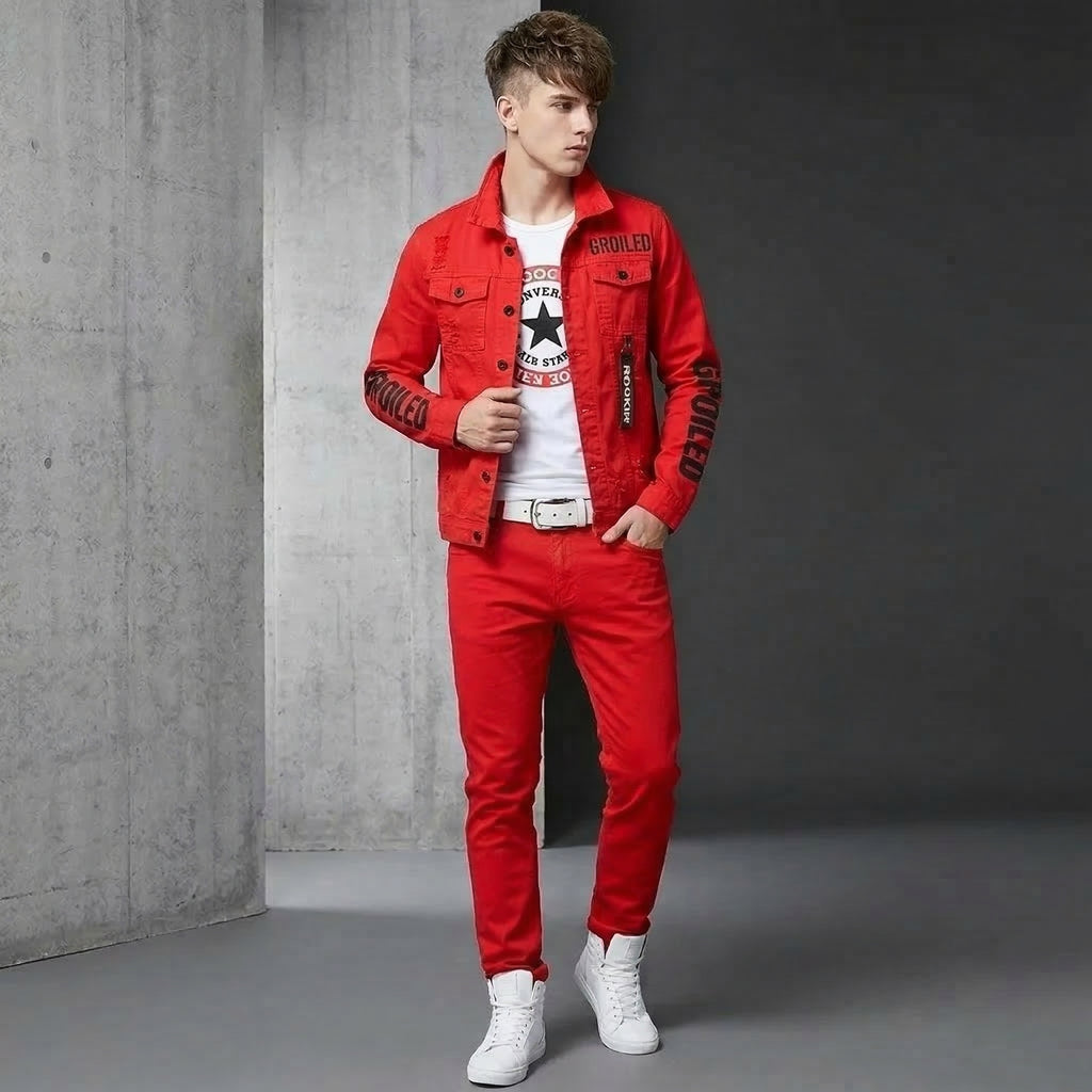 Men Slim Fit Denim Jacket Set, Slim Fit Jeans for Men, 2 Piece Streetwear Outfit, Hip Hop Casual Suit