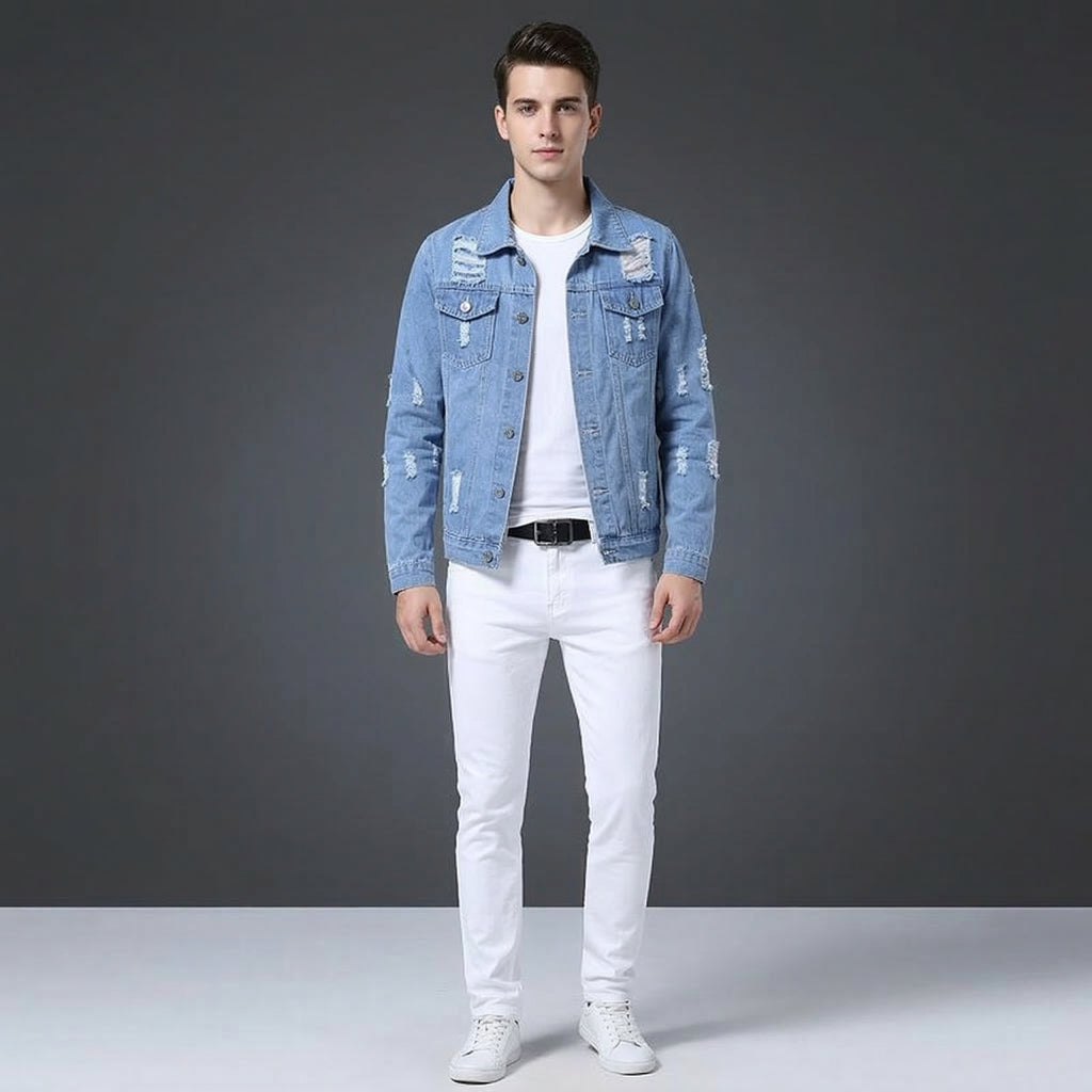 Men Slim Fit Denim Jacket Pants Set, 2 Piece Streetwear Outfit, Slim Fit Jean Set, Hip Hop Casual Outfit, Black Blue Red White Styles