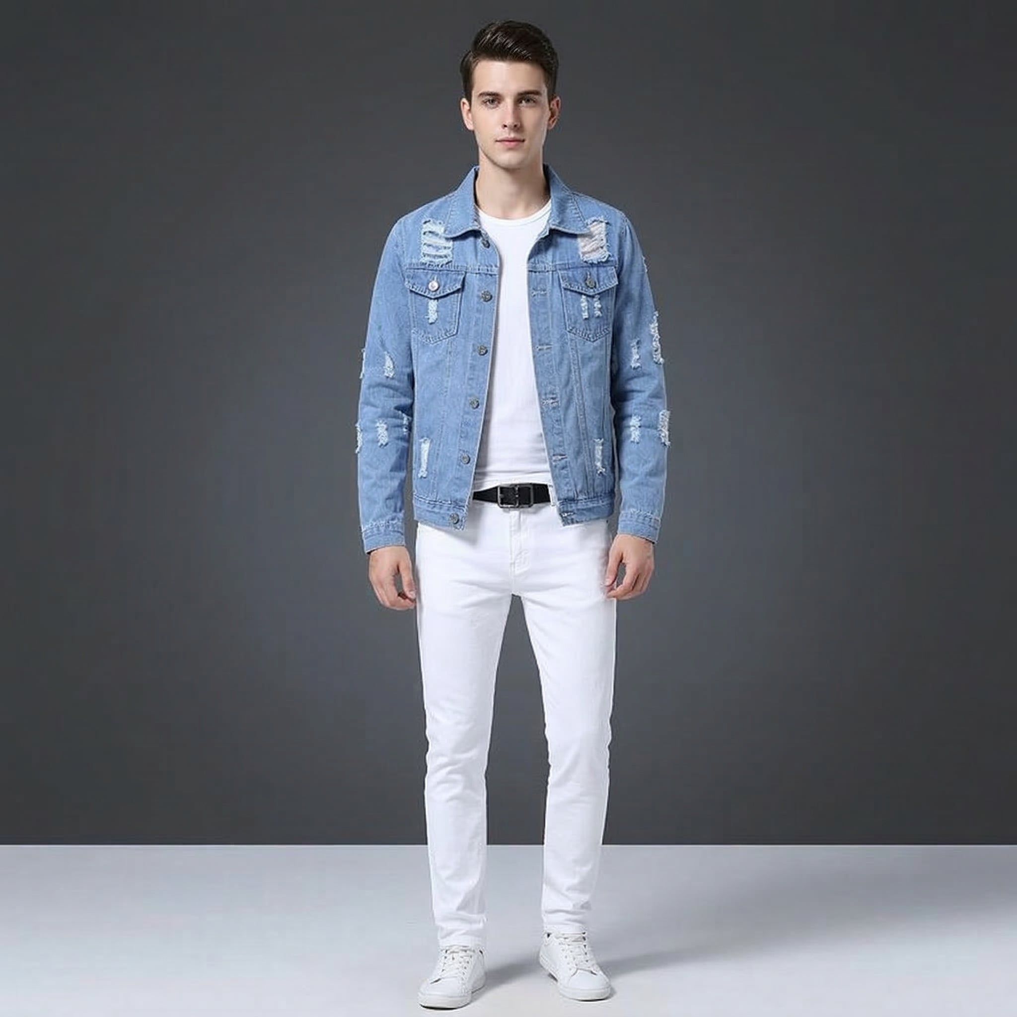 Men Slim Fit Denim Jacket Pants Set, 2 Piece Streetwear Outfit, Slim Fit Jean Set, Hip Hop Casual Outfit, Black Blue Red White Styles