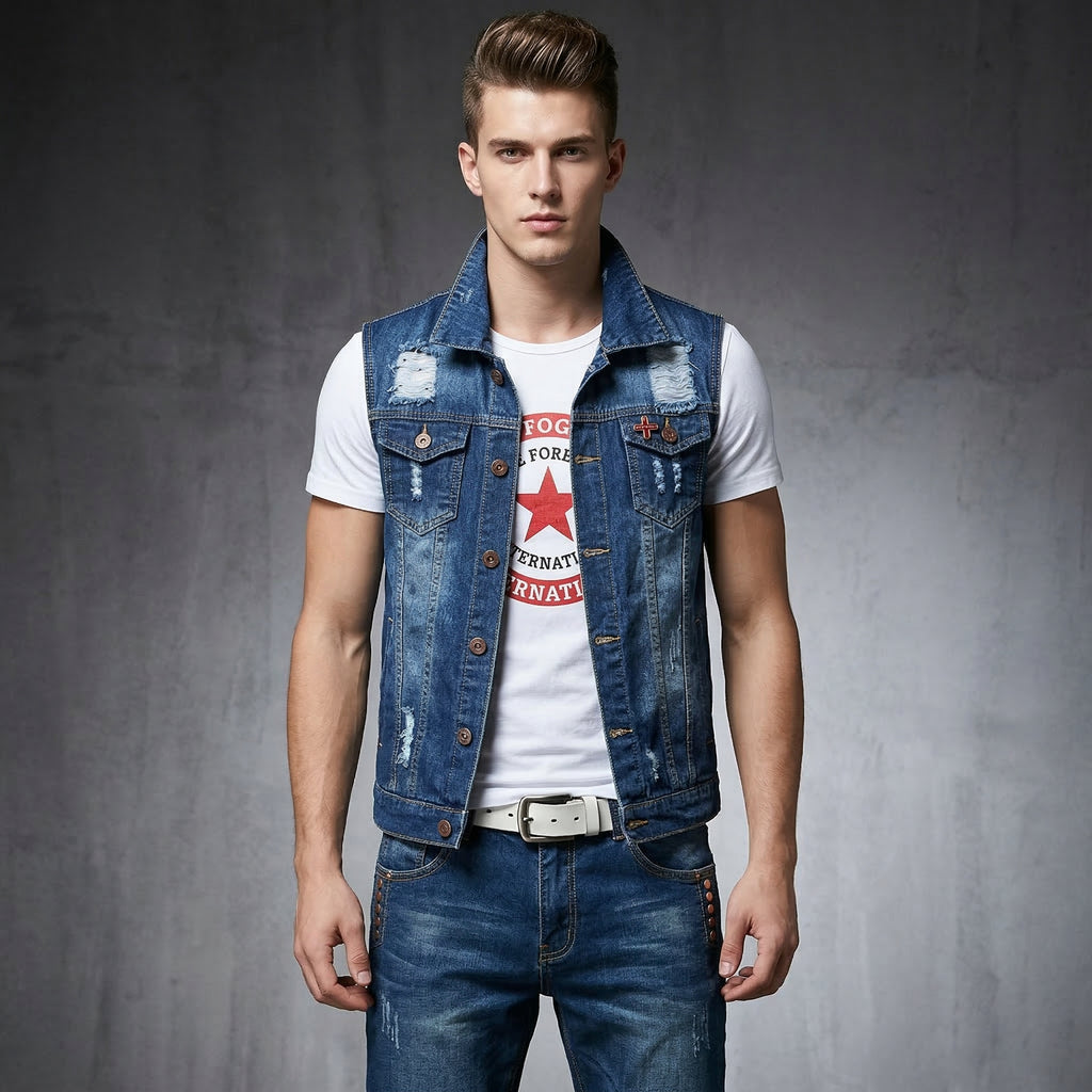 Men’s Slim Fit 3PCS Denim Set – Sleeveless Jacket, T-Shirt & Pencil Pants, Casual Spring Autumn Outfit for Men