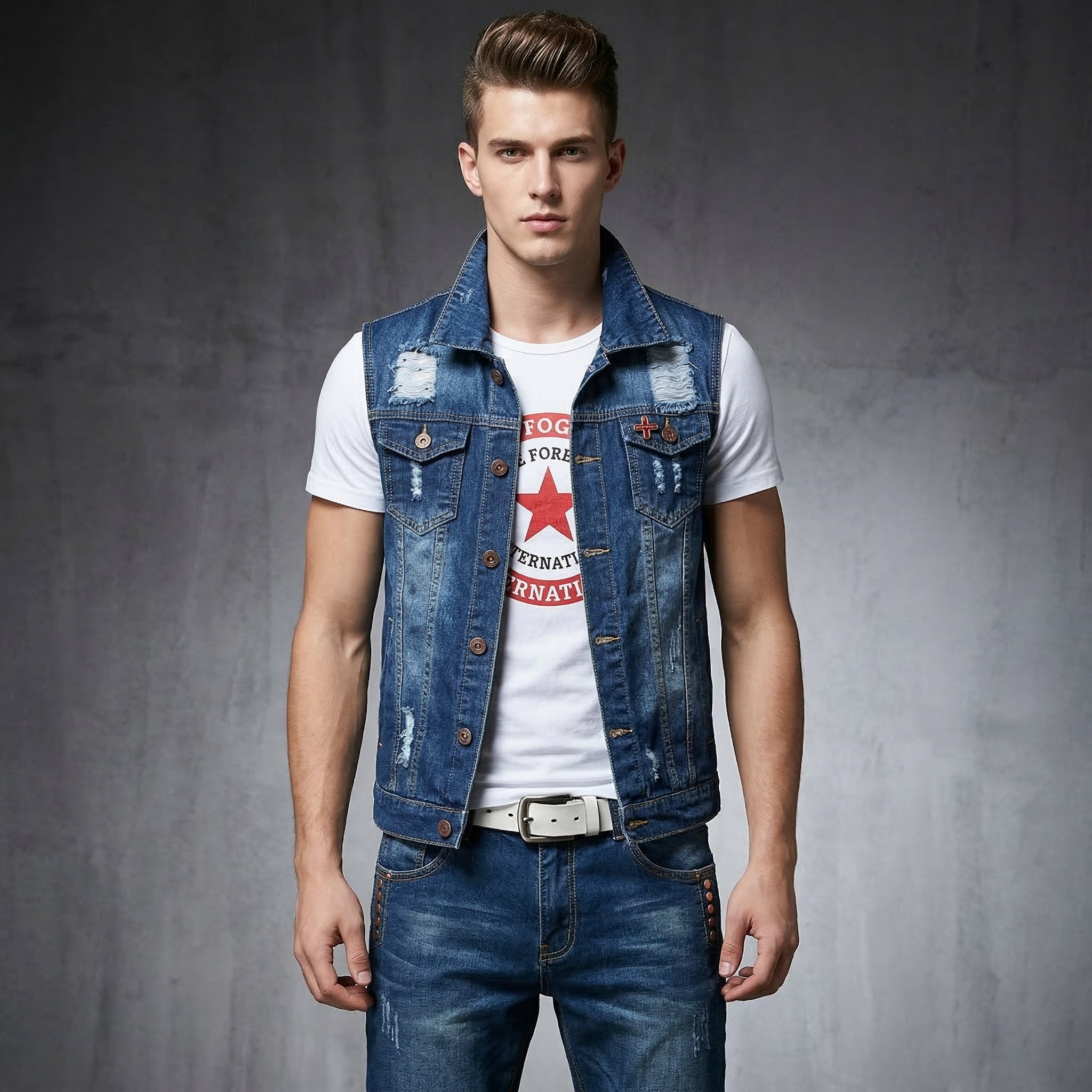 Men’s Slim Fit 3PCS Denim Set – Sleeveless Jacket, T-Shirt & Pencil Pants, Casual Spring Autumn Outfit for Men