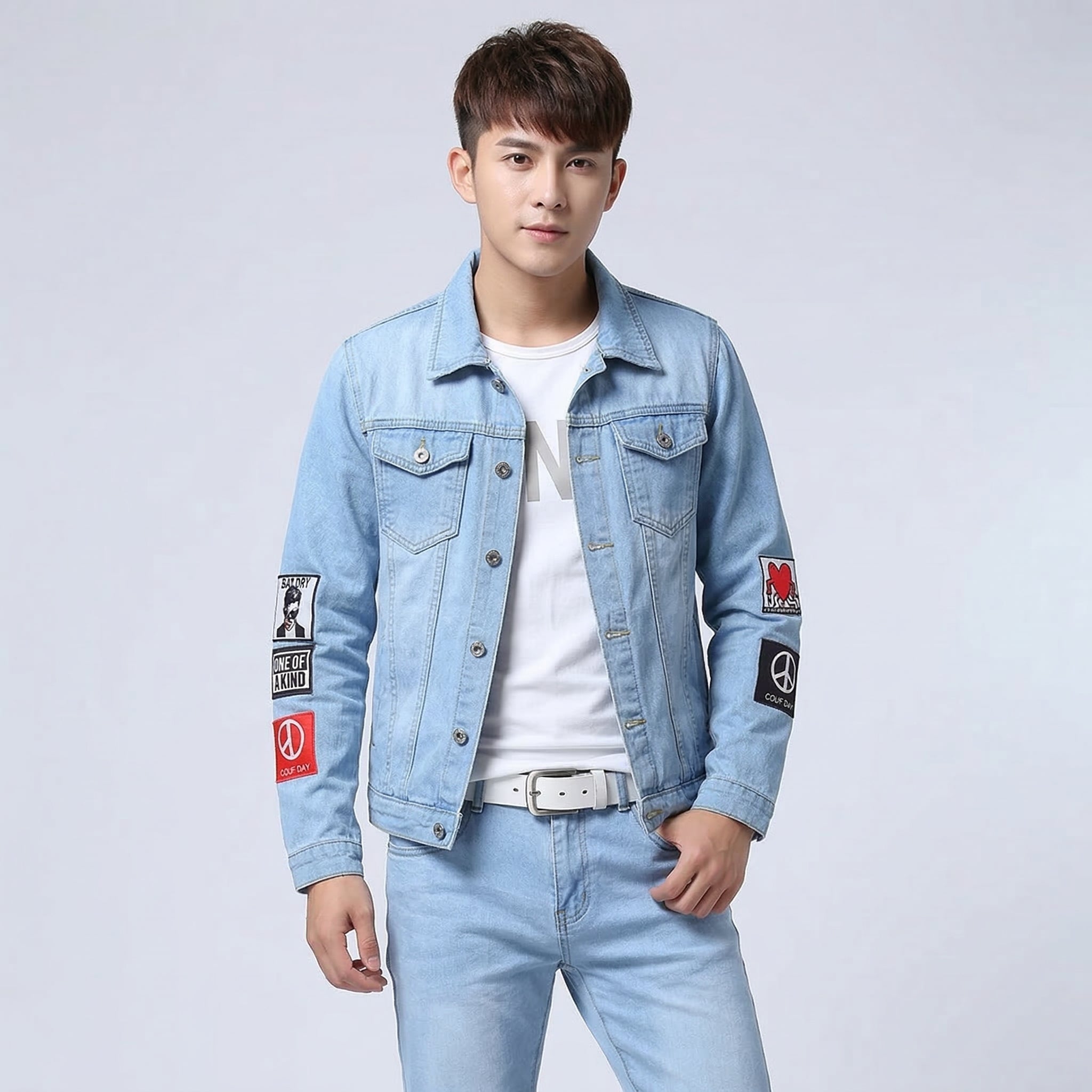Men's Slim Fit Denim Jacket and Jeans Set, Light Blue Casual Streetwear Outfit with Patch Detail