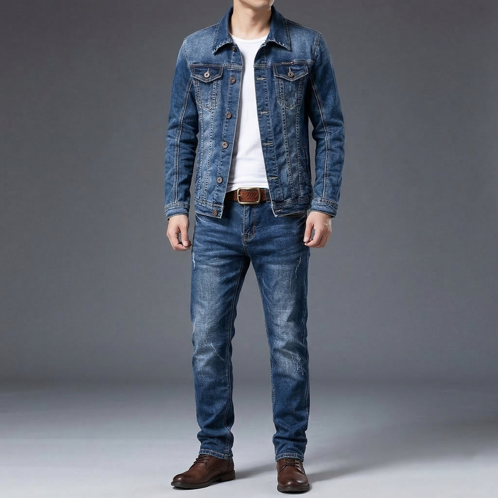 Men’s Slim Fit Denim Suit Set – Micro-Stretch Jacket & Jeans, Spring Autumn Streetwear Outfit