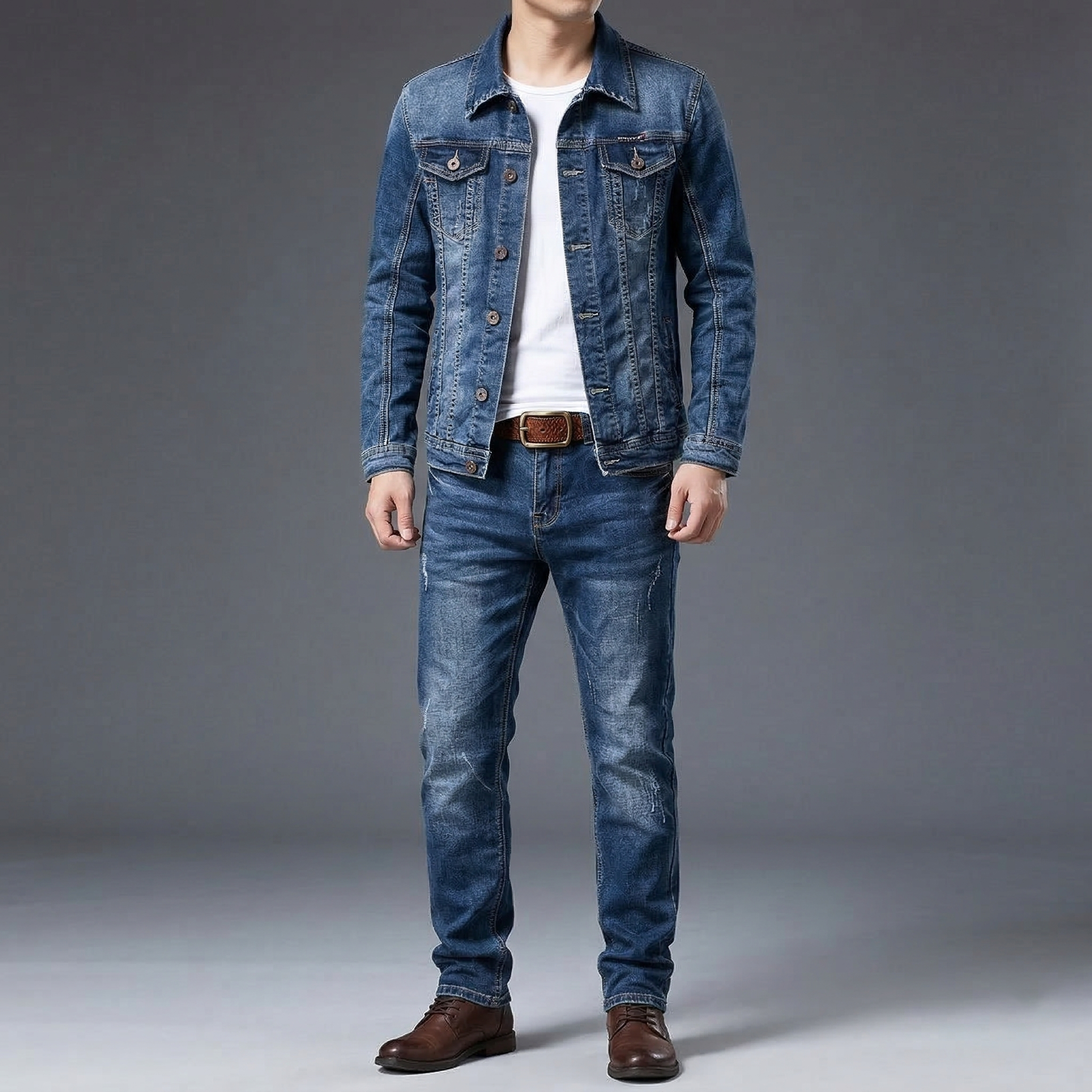 Men’s Slim Fit Denim Suit Set – Micro-Stretch Jacket & Jeans, Spring Autumn Streetwear Outfit