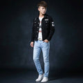 Men's Black Denim Jacket with Light Blue Slim Fit Jeans, Casual Streetwear 2 Piece Outfit Set