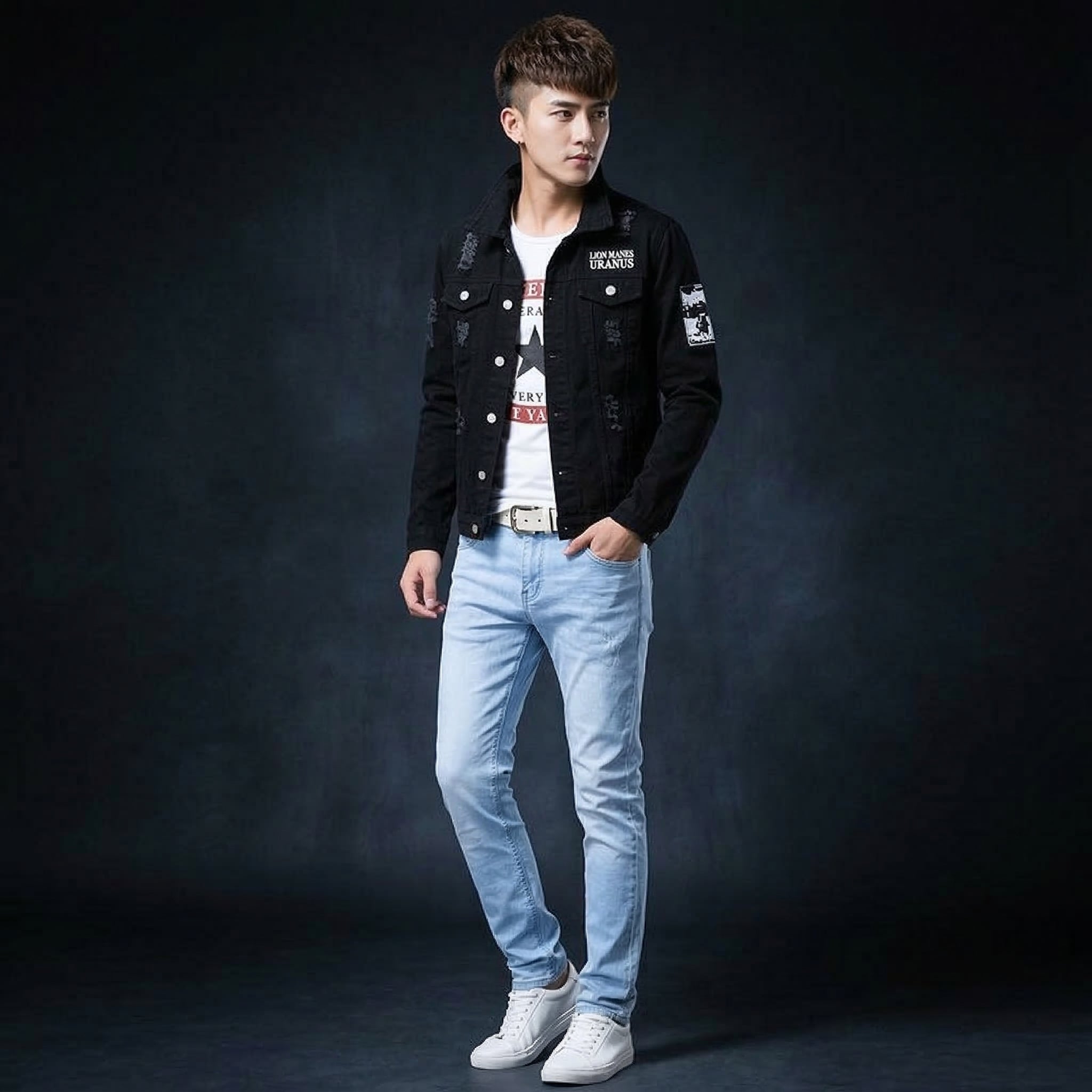 Men's Black Denim Jacket with Light Blue Slim Fit Jeans, Casual Streetwear 2 Piece Outfit Set
