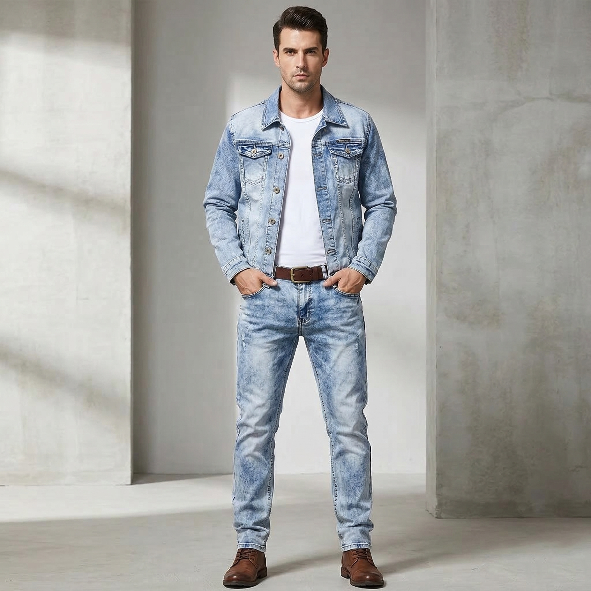Men’s Slim Fit Denim Suit Set – Micro-Stretch Jacket & Jeans, Spring Autumn Streetwear Outfit