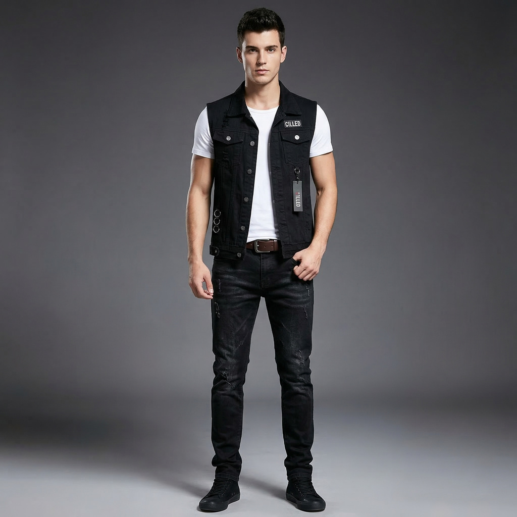 2pcs Set Mens Boys Casual Denim Vest Sleeveless Waistcoat -Jeans Pants Trousers for Summer Autumn Spring Free Send Tshirt Belt