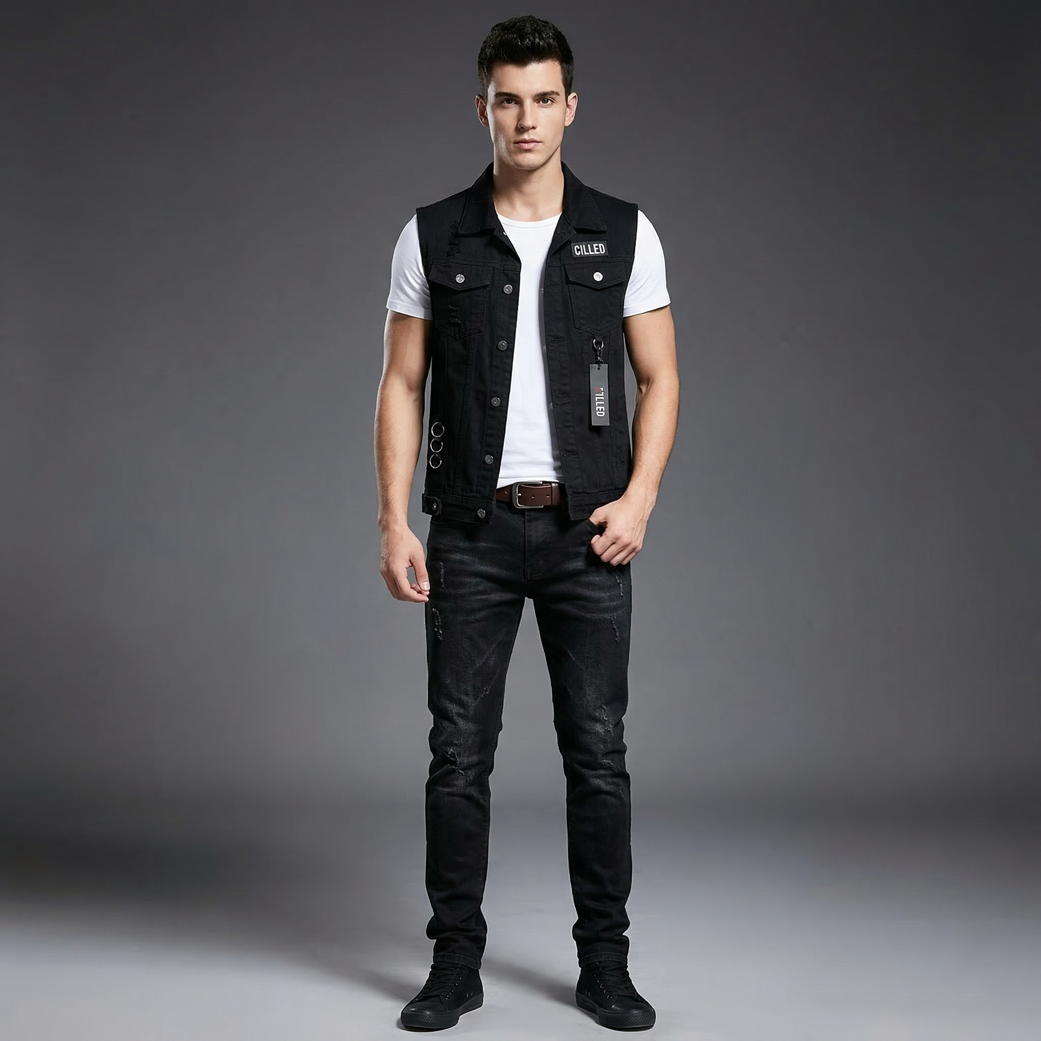 2pcs Set Mens Boys Casual Denim Vest Sleeveless Waistcoat -Jeans Pants Trousers for Summer Autumn Spring Free Send Tshirt Belt