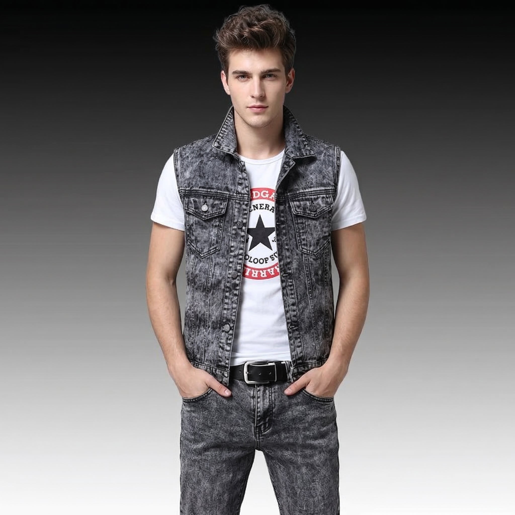 Men’s Slim Fit 3PCS Denim Set – Sleeveless Jacket, T-Shirt & Pencil Pants, Casual Spring Autumn Outfit for Men