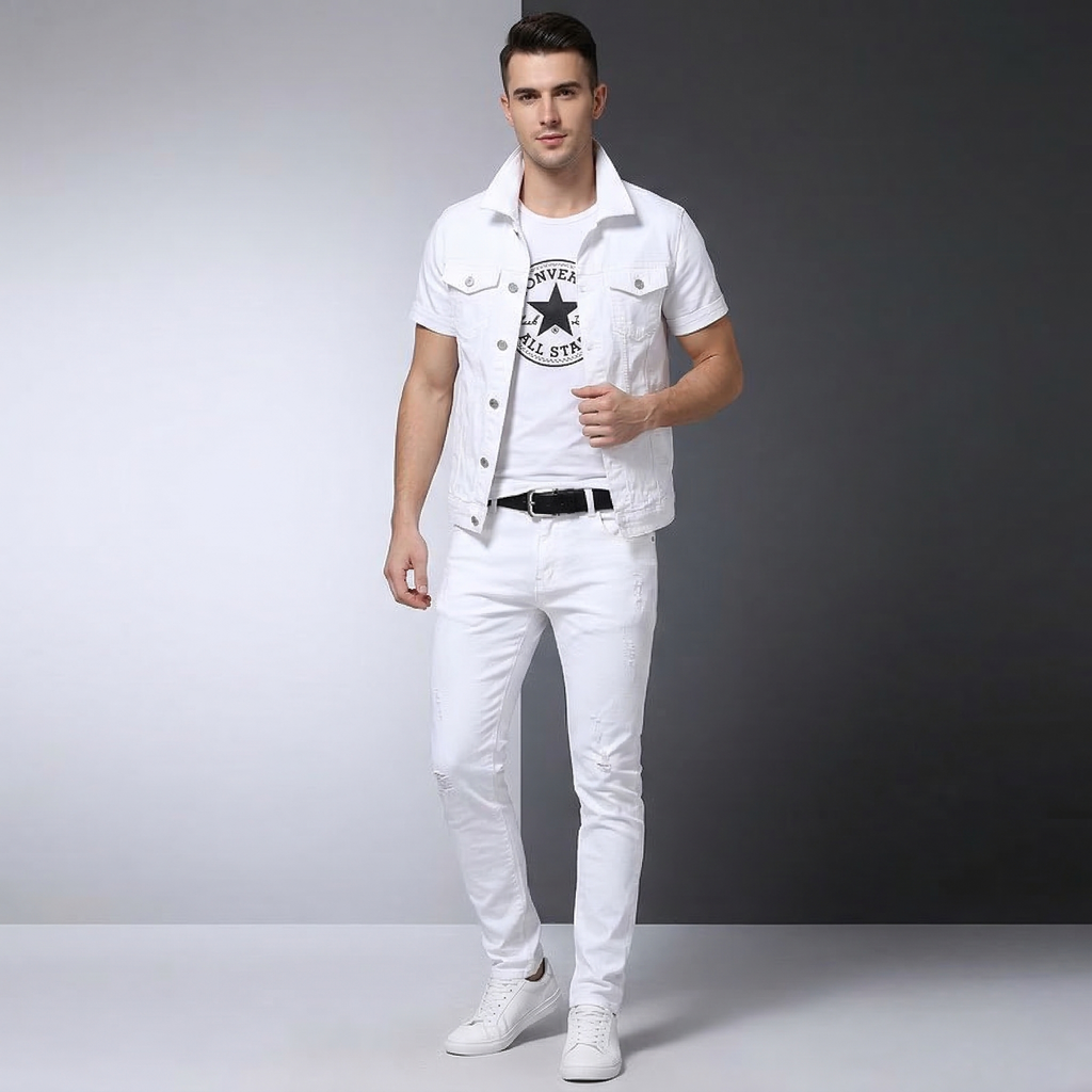 2pcs Set Mens Boys Casual Denim Vest Sleeveless Waistcoat -Jeans Pants Trousers for Summer Autumn Spring Free Send Tshirt Belt