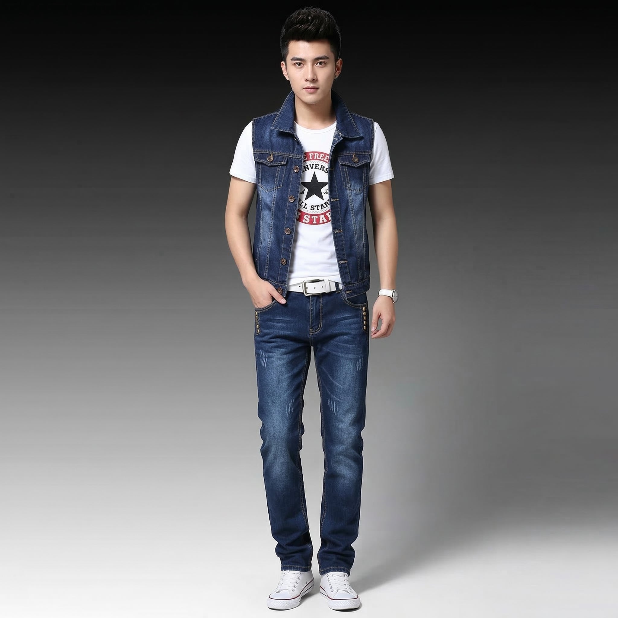 Men’s Slim Fit 3PCS Denim Set – Sleeveless Jacket, T-Shirt & Pencil Pants, Casual Spring Autumn Outfit for Men