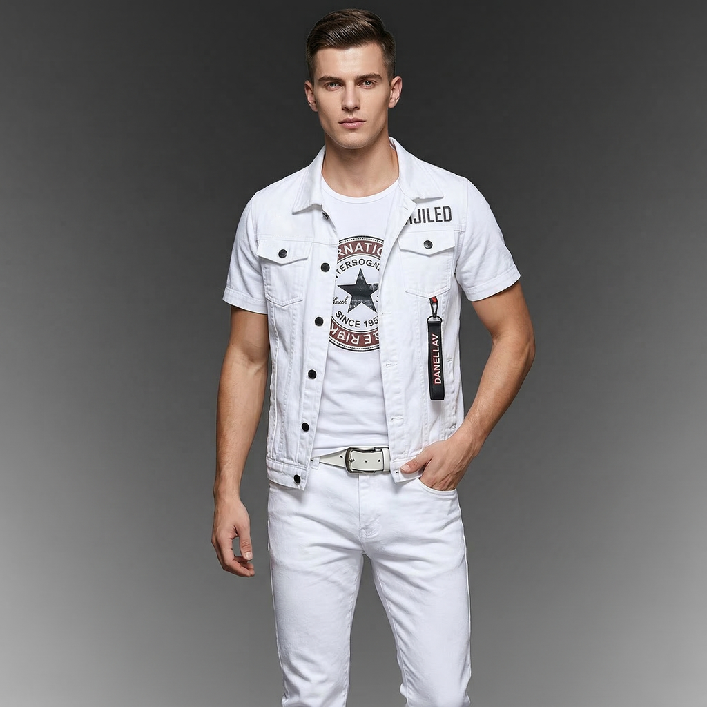 2pcs Set Mens Boys Casual Denim Vest Sleeveless Waistcoat -Jeans Pants Trousers for Summer Autumn Spring Free Send Tshirt Belt
