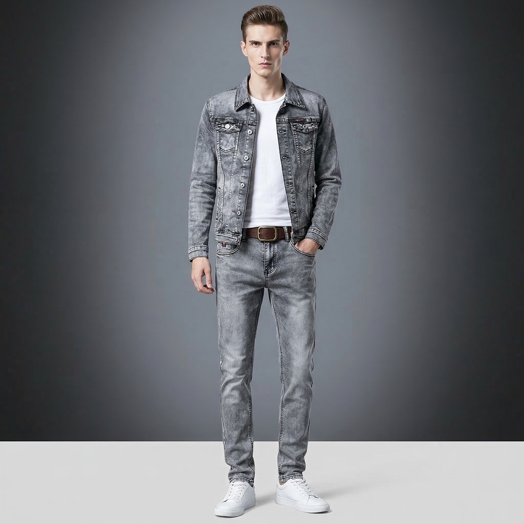 Men’s Slim Fit Denim Suit Set – Micro-Stretch Jacket & Jeans, Spring Autumn Streetwear Outfit