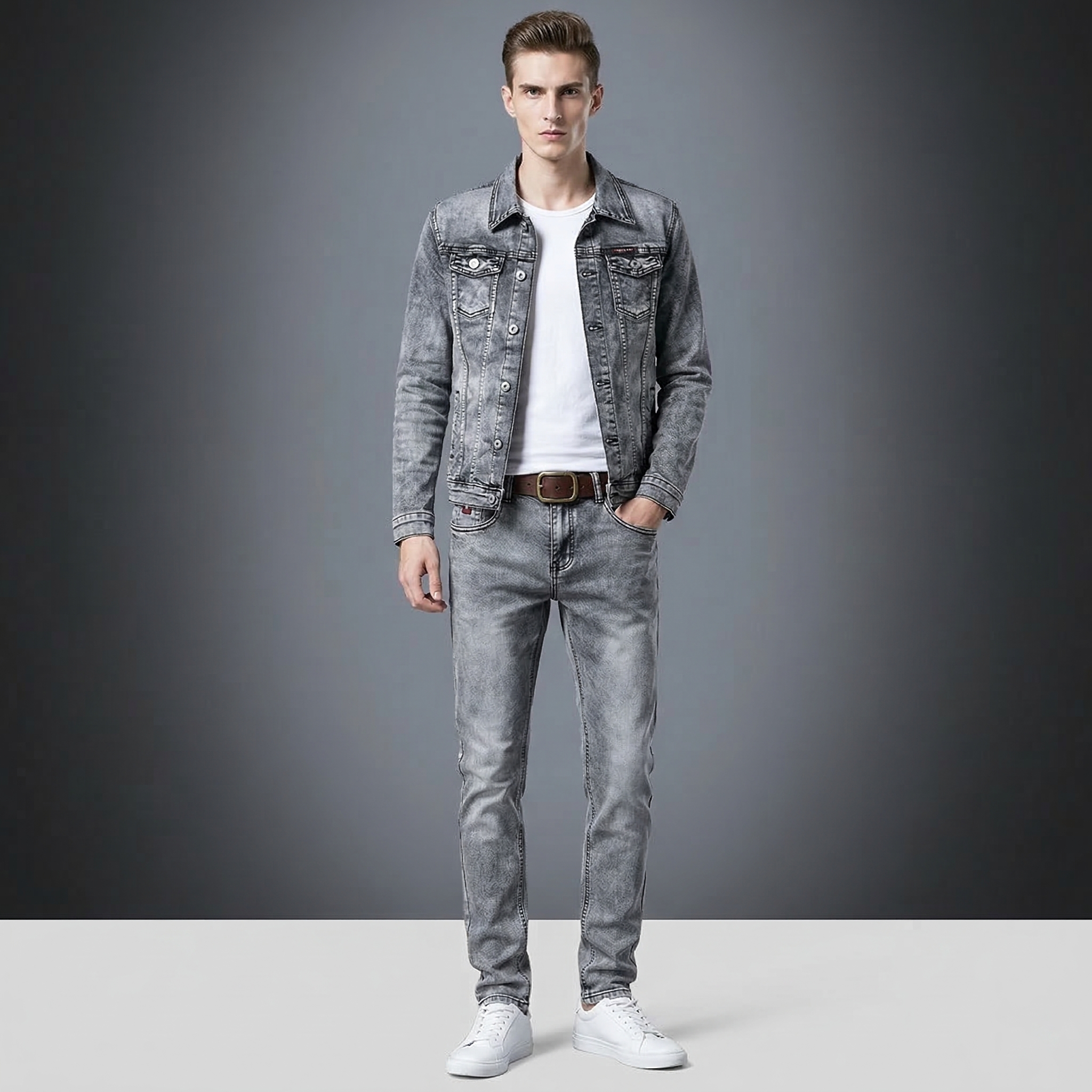 Men’s Slim Fit Denim Suit Set – Micro-Stretch Jacket & Jeans, Spring Autumn Streetwear Outfit