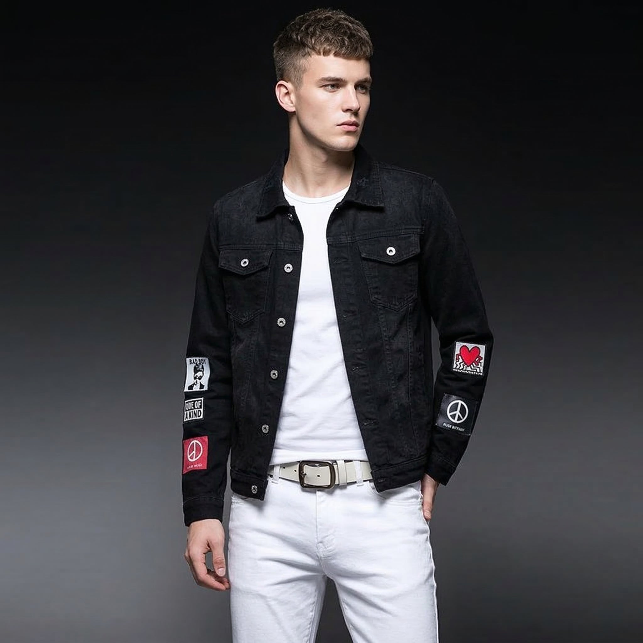 Men's Black Denim Jacket and White Pants Set, Slim Fit Casual Streetwear Outfit with Patch Detail