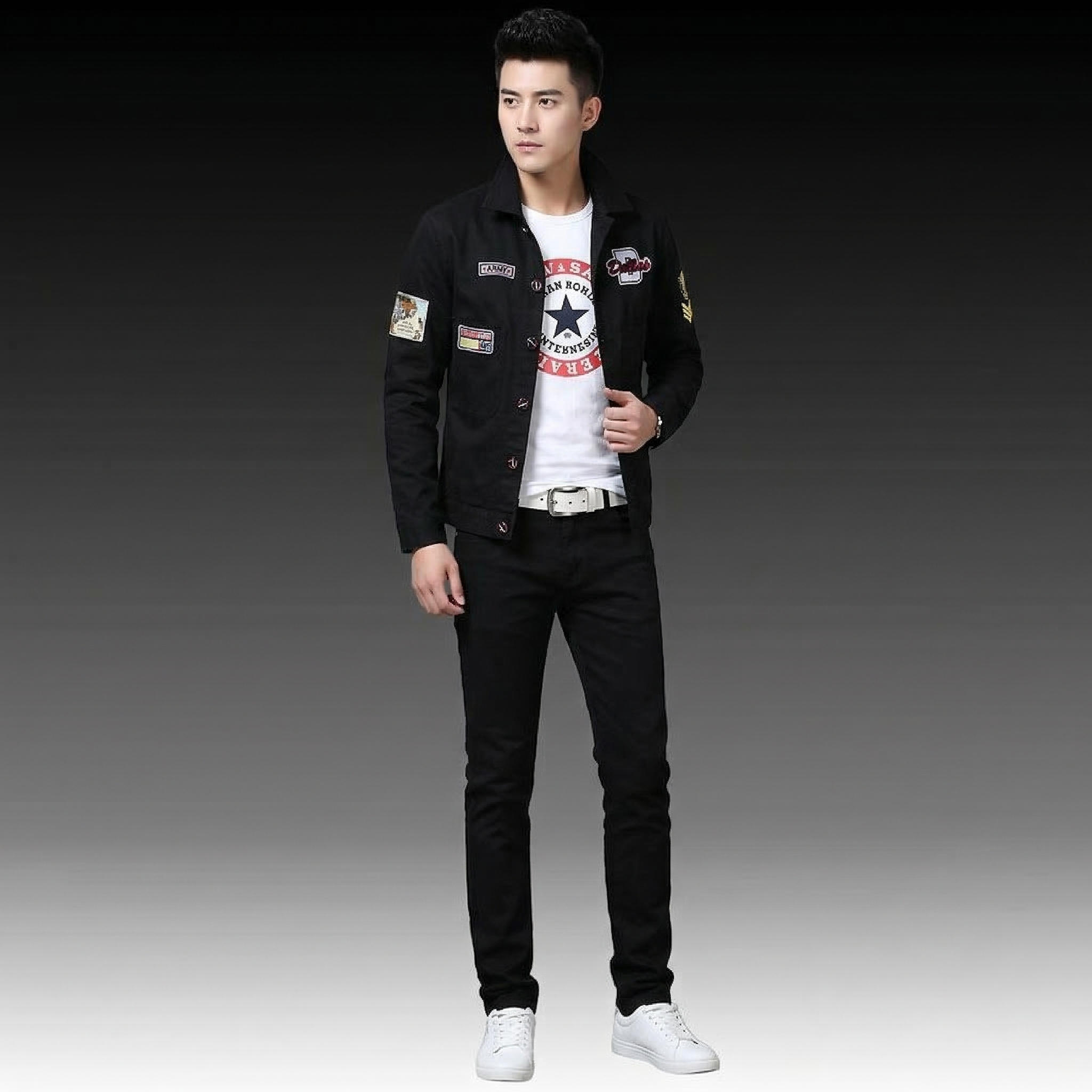 Men's Black Denim Jacket and Jeans Set, Slim Fit Streetwear Outfit for Men with Patch Detail