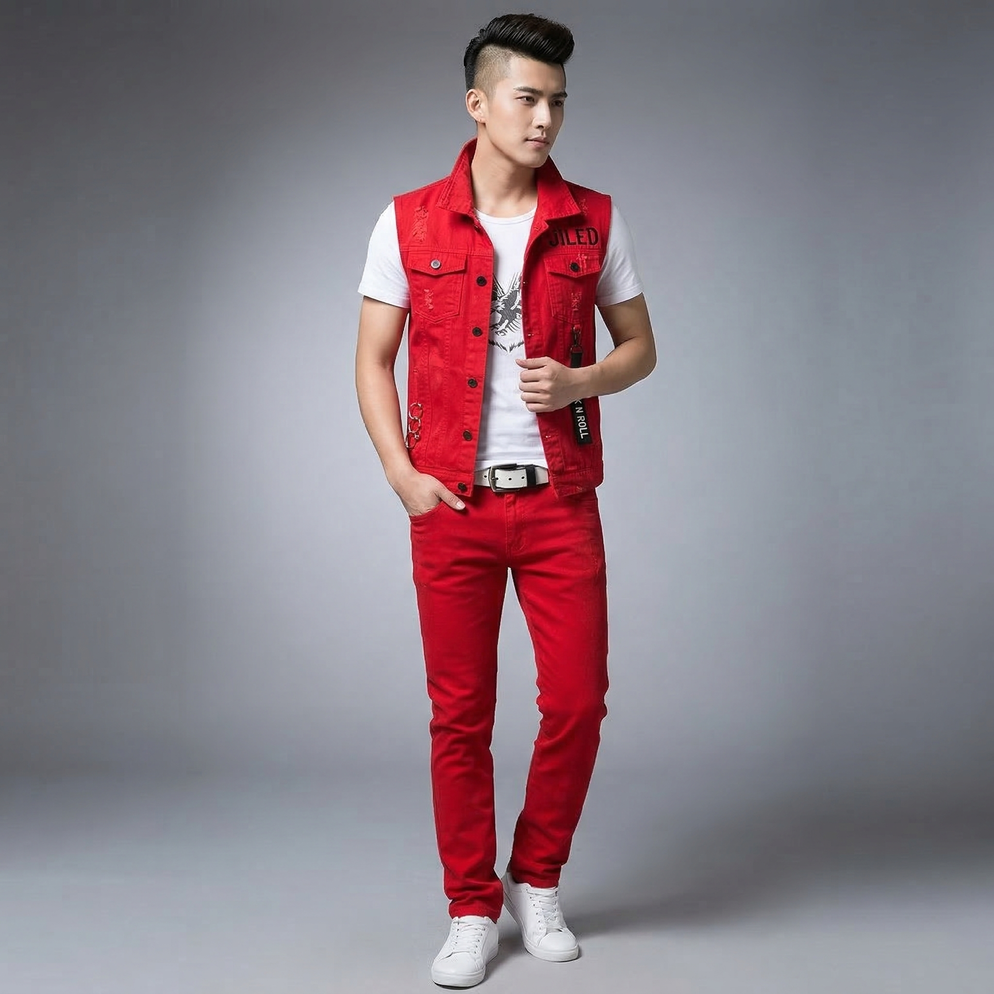 2pcs Set Mens Boys Casual Denim Vest Sleeveless Waistcoat -Jeans Pants Trousers for Summer Autumn Spring Free Send Tshirt Belt