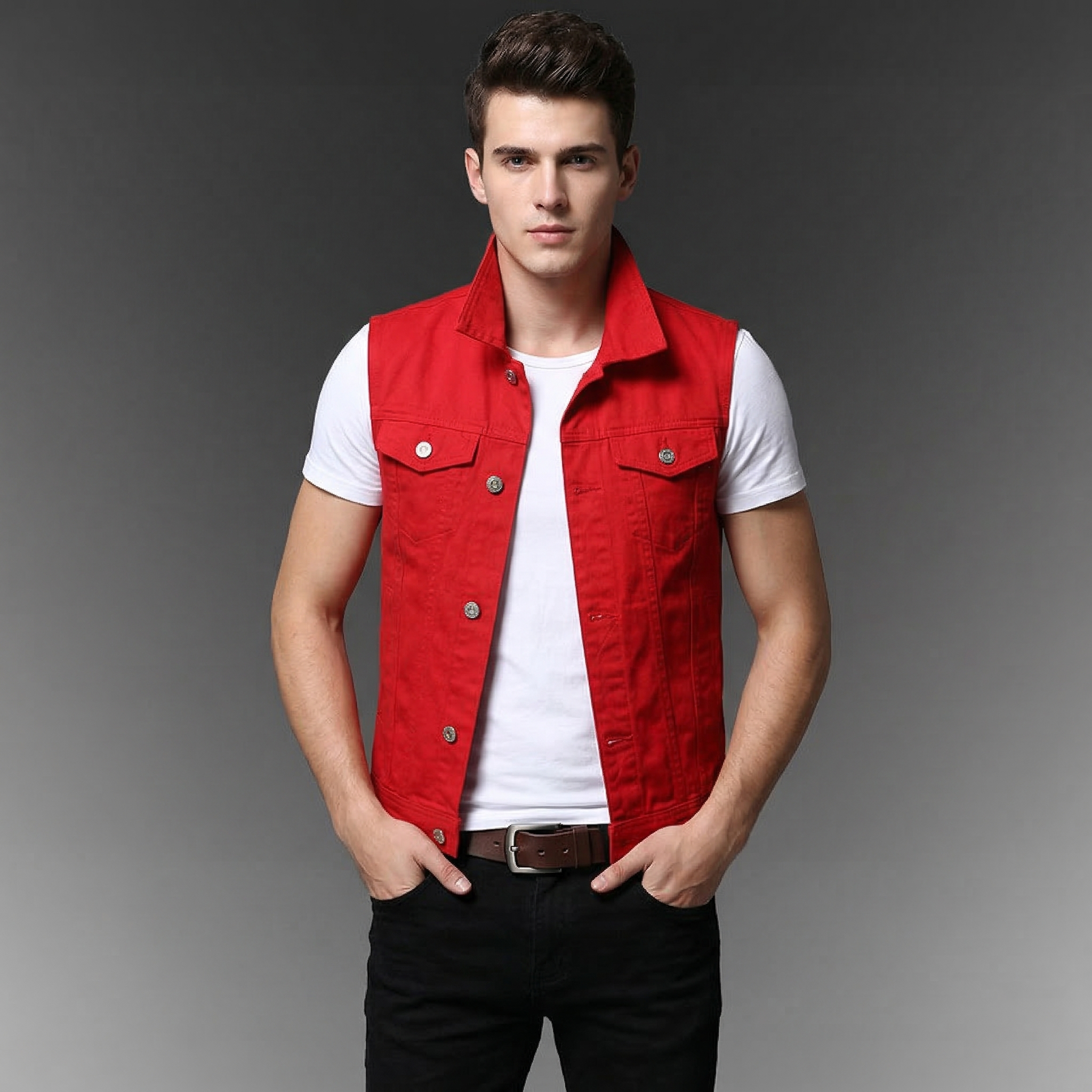 2pcs Set Mens Boys Casual Denim Vest Sleeveless Waistcoat -Jeans Pants Trousers for Summer Autumn Spring Free Send Tshirt Belt