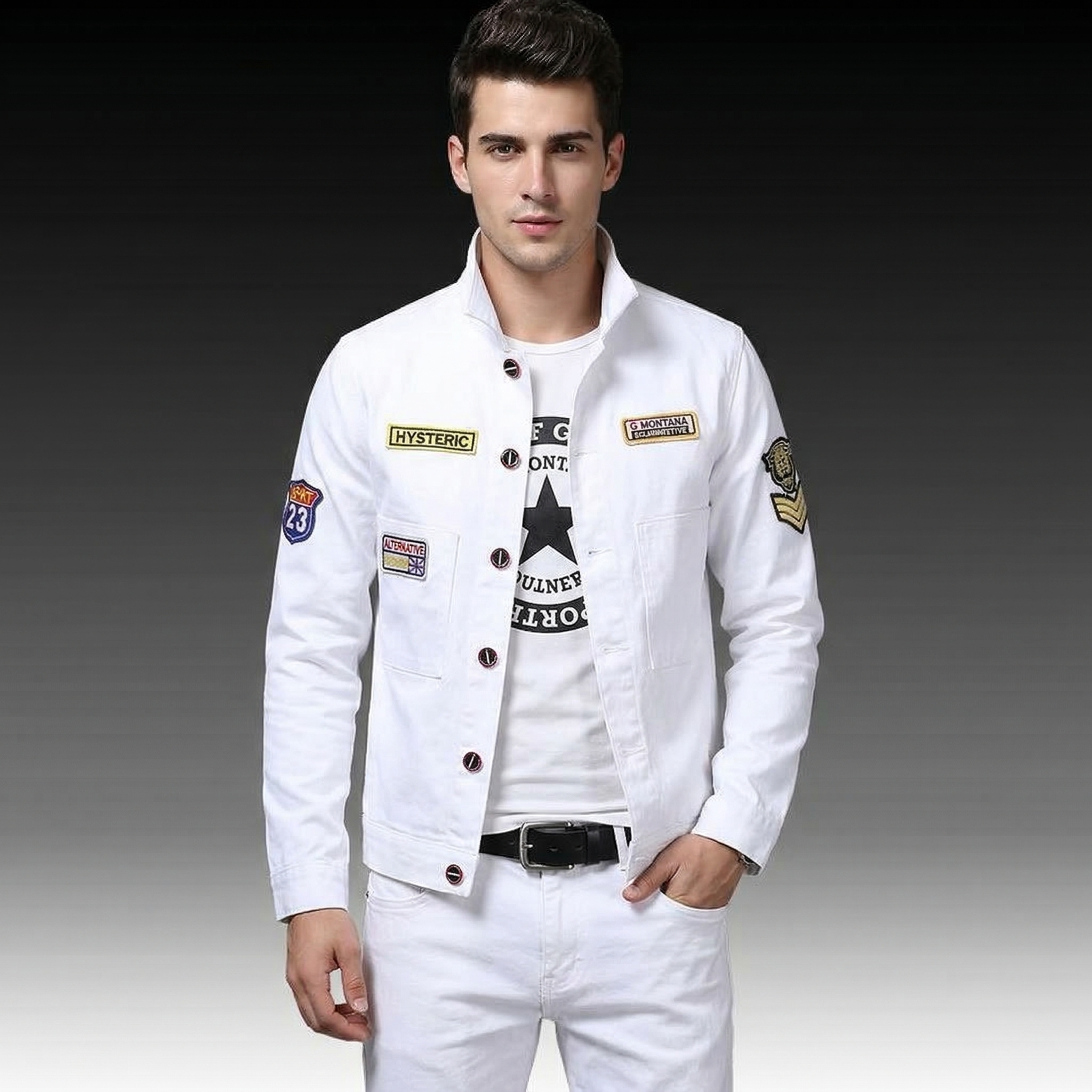 Men's All White Denim Jacket and Jeans Set, Slim Fit Casual Outfit for Men with Military Patch Detail
