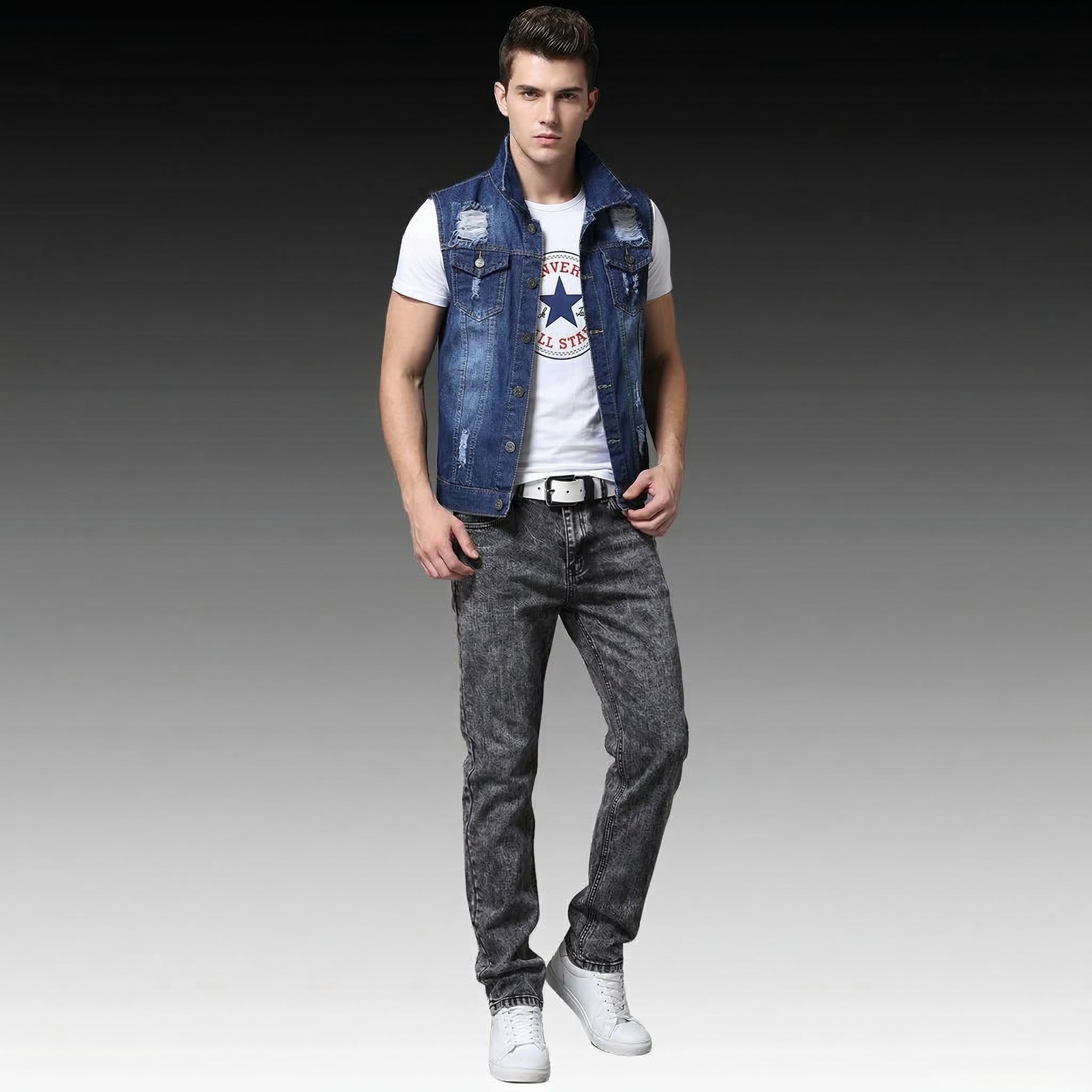 Men’s Slim Fit 3PCS Denim Set – Sleeveless Jacket, T-Shirt & Pencil Pants, Casual Spring Autumn Outfit for Men