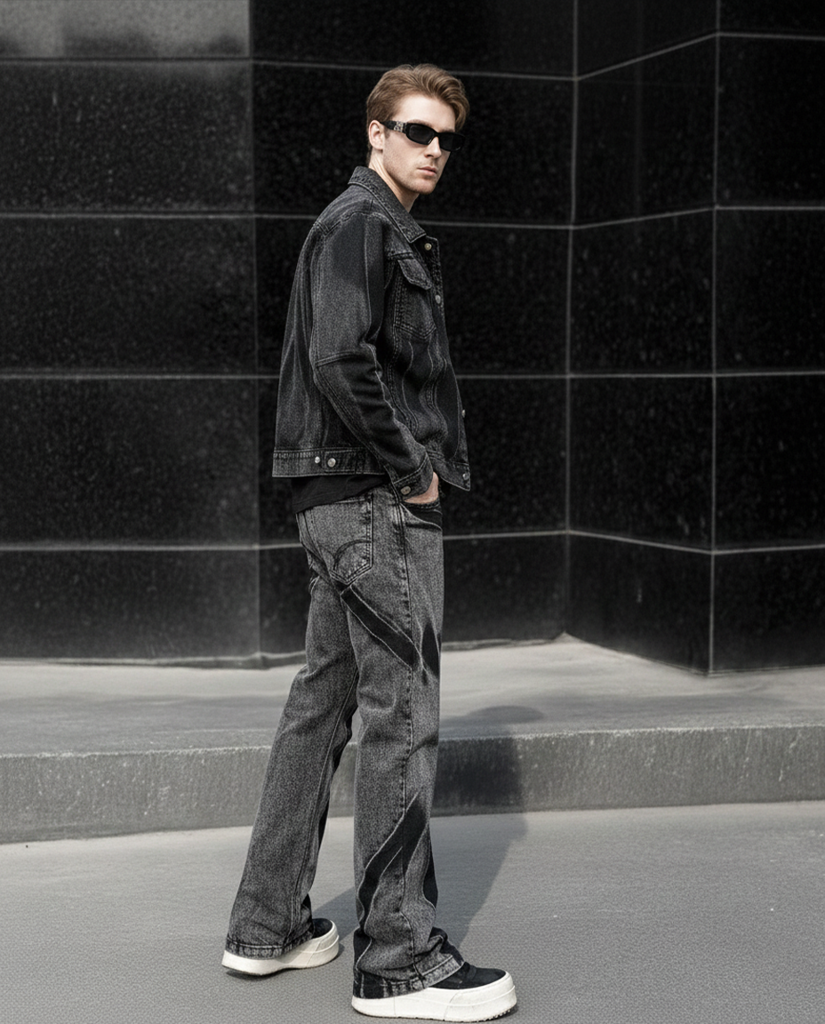 Black Growe Streetwear Set, All Black Denim Outfit, Chain Pants Look