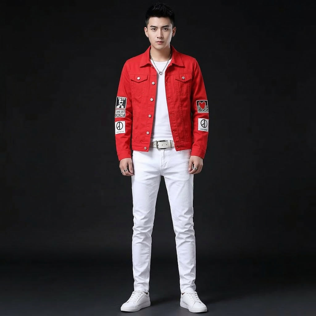 Men's Red Denim Jacket with White Slim Fit Jeans, Casual Streetwear 2 Piece Outfit Set