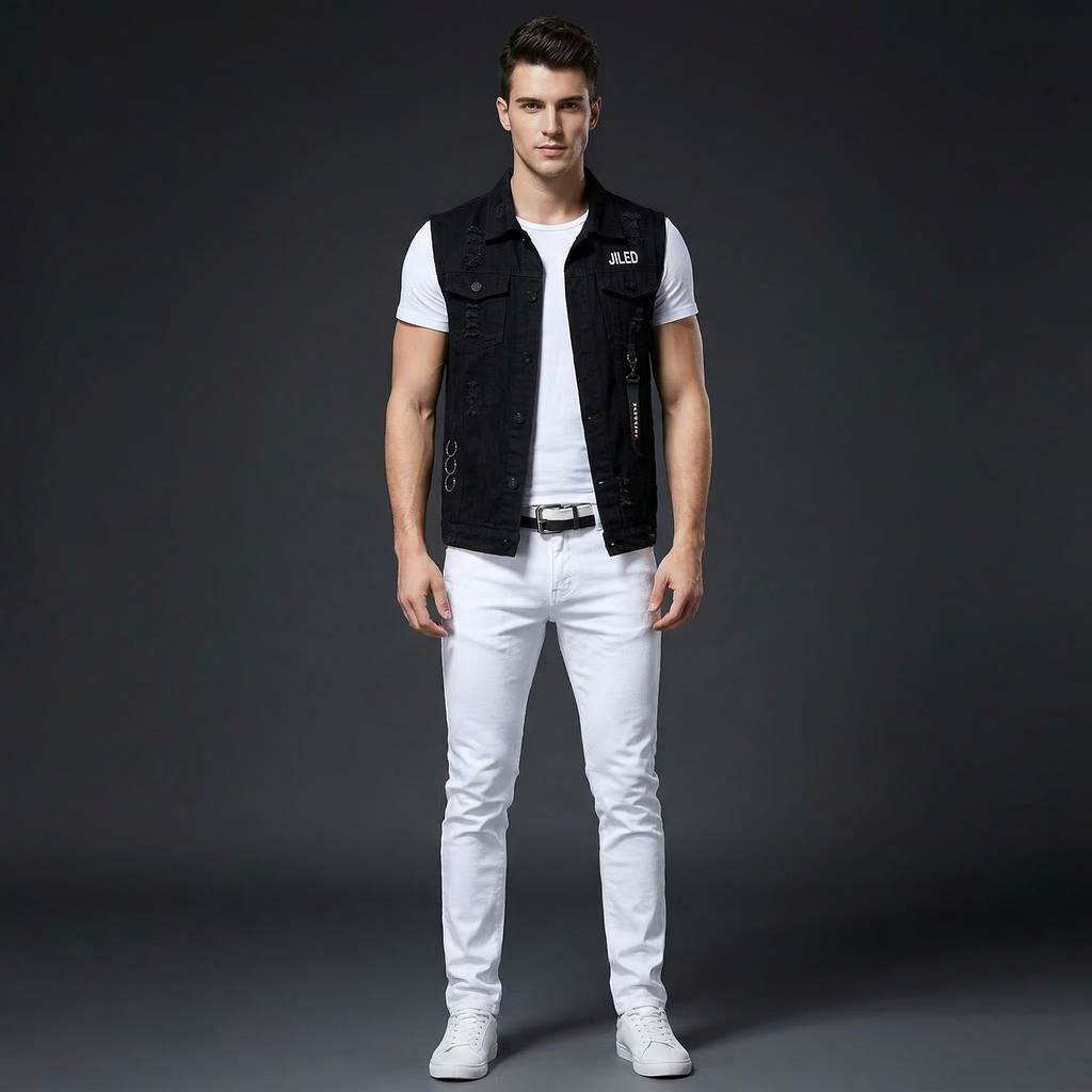2pcs Set Mens Boys Casual Denim Vest Sleeveless Waistcoat -Jeans Pants Trousers for Summer Autumn Spring Free Send Tshirt Belt